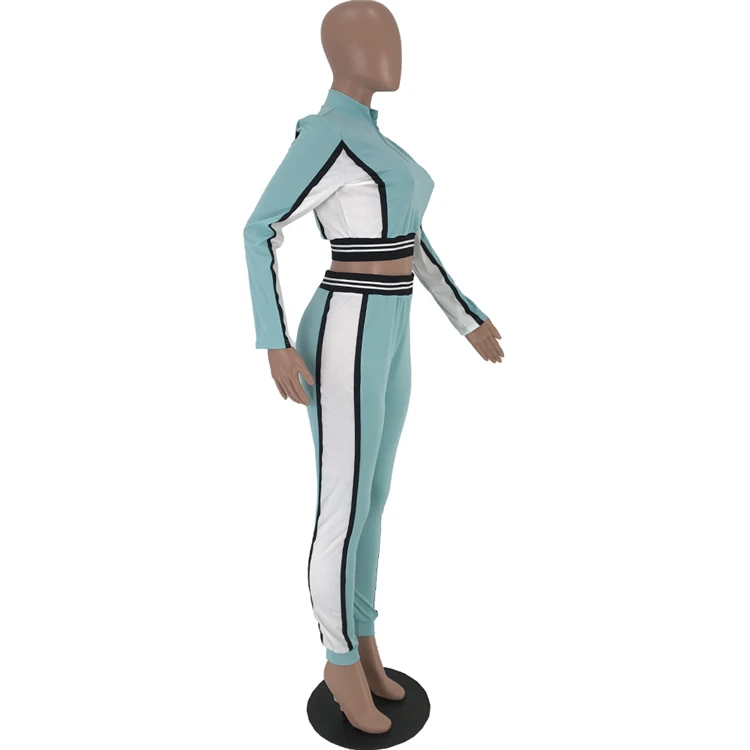 C90661 Fashion long sleeve top spliced zipper elastic wholesale clothing woman two piece set