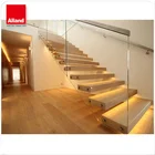 Prefab Modern House Wood Floating Wooden Staircase Frameless Railing Wood Straight Stairs