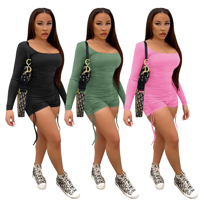 2021 summer drawstring long sleeve stacked short jumpsuit women 
2021 summer drawstring long sleeve stacked short jumpsuit women