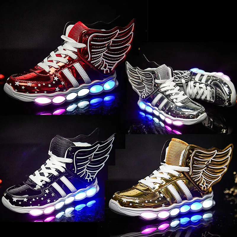 

Kids LED Light Up Shoes High Top Cool Wings Design USB Charging Flashing Sneakers Hip-hop Dancing Shoes for Halloween Christmas, Black/blue/golden/pink/red