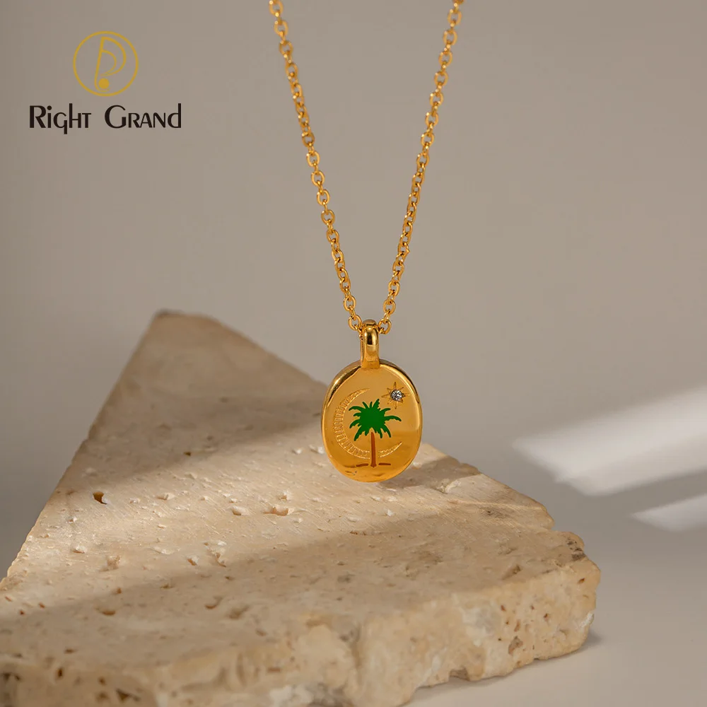 

Trendy stainless steel women gold plated tiny oval coconut palm tree moon star engraved pendant jewelry