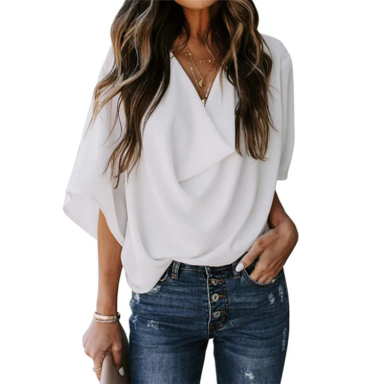 Spring Summer Chiffon Half Sleeve Draped Tops Stylish Loose Blouse Women, White, black, blue, pink, apricot, light blue
Spring Summer Chiffon Half Sleeve Draped Tops Stylish Loose Blouse Women, White, black, blue, pink, apricot, light blue