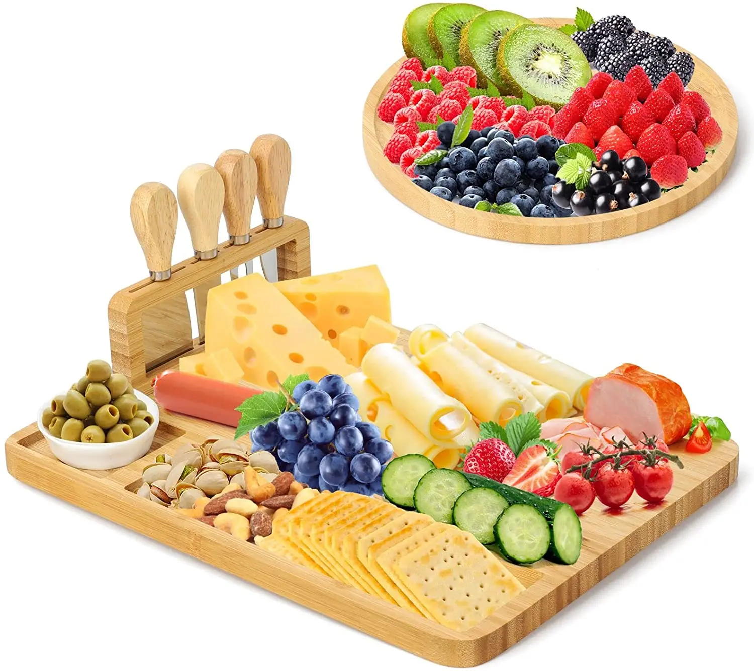 Bamboo Cheese Board and Knife Set Charcuterie boards Bamboo Wood Cutting Platter and Cheese Serving Tray for Wine Crackers Brie, Natural
Bamboo Cheese Board and Knife Set Charcuterie boards Bamboo Wood Cutting Platter and Cheese Serving Tray for Wine Crackers Brie, Natural