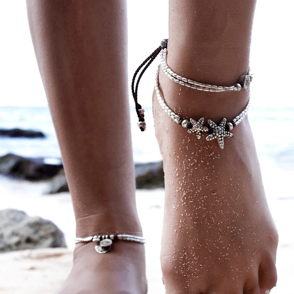 

Lateefah OEM 2 Styles Bohemian Beach Starfish Pearl Turquoise Pearl Foot Chain Beach Anklet Jewelry