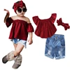 WHS92 Baby Girls pants Dark Red Tops+Denim Shorts +headband 3pcs Set 2019 Summer Casual Clothes Set Children Clothing