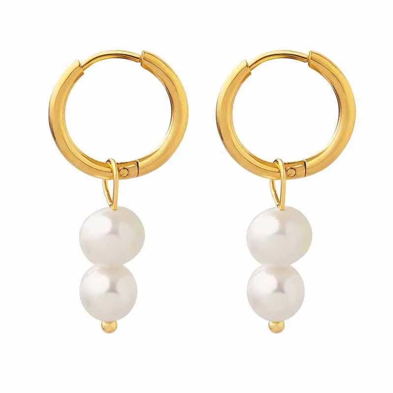 

Fashion Double Natural Freshwater Pearl Drop Earrings Non Tarnish 18K Gold Stainless Steel Hoop Huggie Earring For Ladies