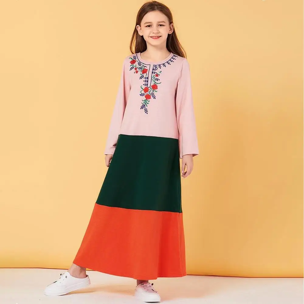 

2020 Kids Long Sleeve Islamic clothing Loose Fit Kaftan Maxi Gown Middle East Prayer Abaya Maxi Dress, Pink