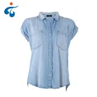 China factory High quality summer short sleeve denim lady fashion cutting blouse