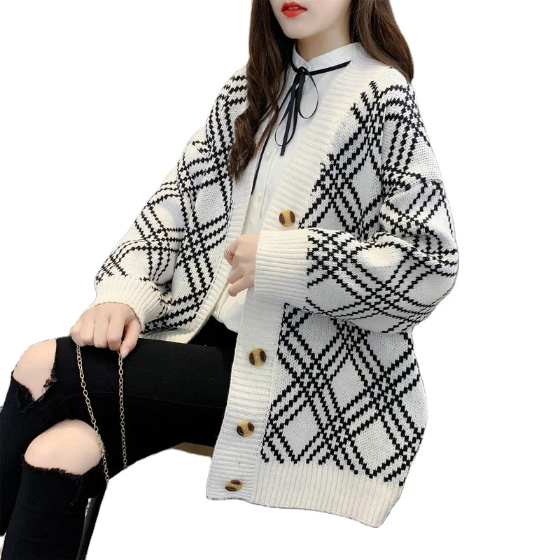 Lazy Style Sweater Cardigan Women's Coat Autumn and Winter Korean Version Loose V Collar Medium Long Grid Knit Sweater
Lazy Style Sweater Cardigan Women's Coat Autumn and Winter Korean Version Loose V Collar Medium Long Grid Knit Sweater