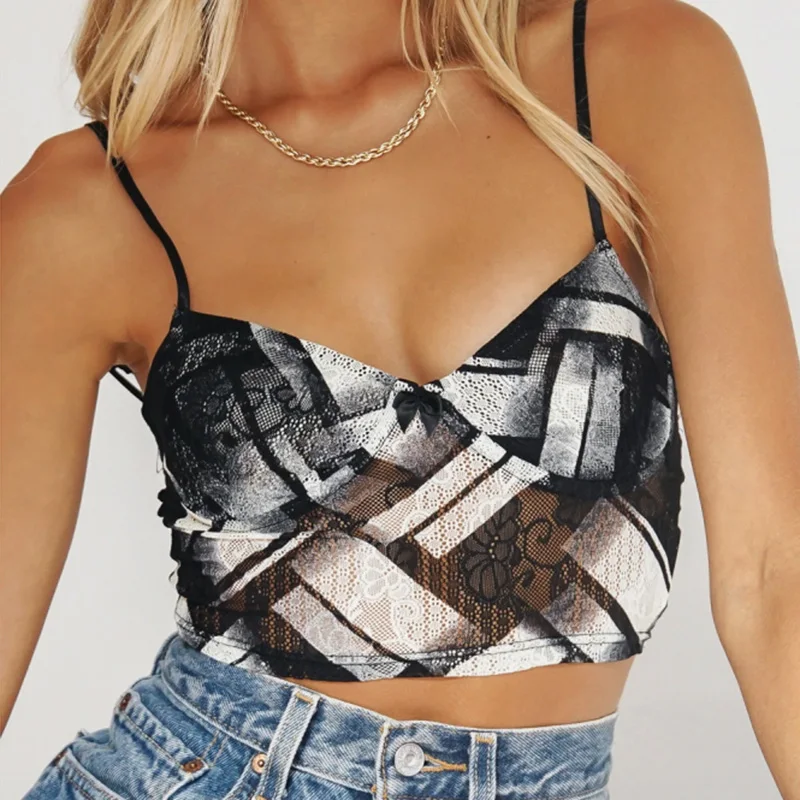 

Youbor Wholesale Ins Printed Black Tank Top Women Summer Casual Sleeveless Breathable Streetwear Cami Crop Top Lace Camisoles