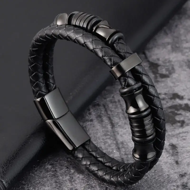 

PVD Black Charm Mens Latest Fashion Men Leather Bracelets Magnetic Clasp Stainless Steel Multi Wrap Bracelets