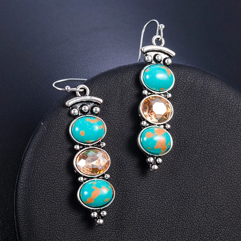 

Indian Tribal Personality Natural Turquoise Beaded Resin Stone Boho Ethnic Vintage Hanging Dangle Drop Earrings, Silver