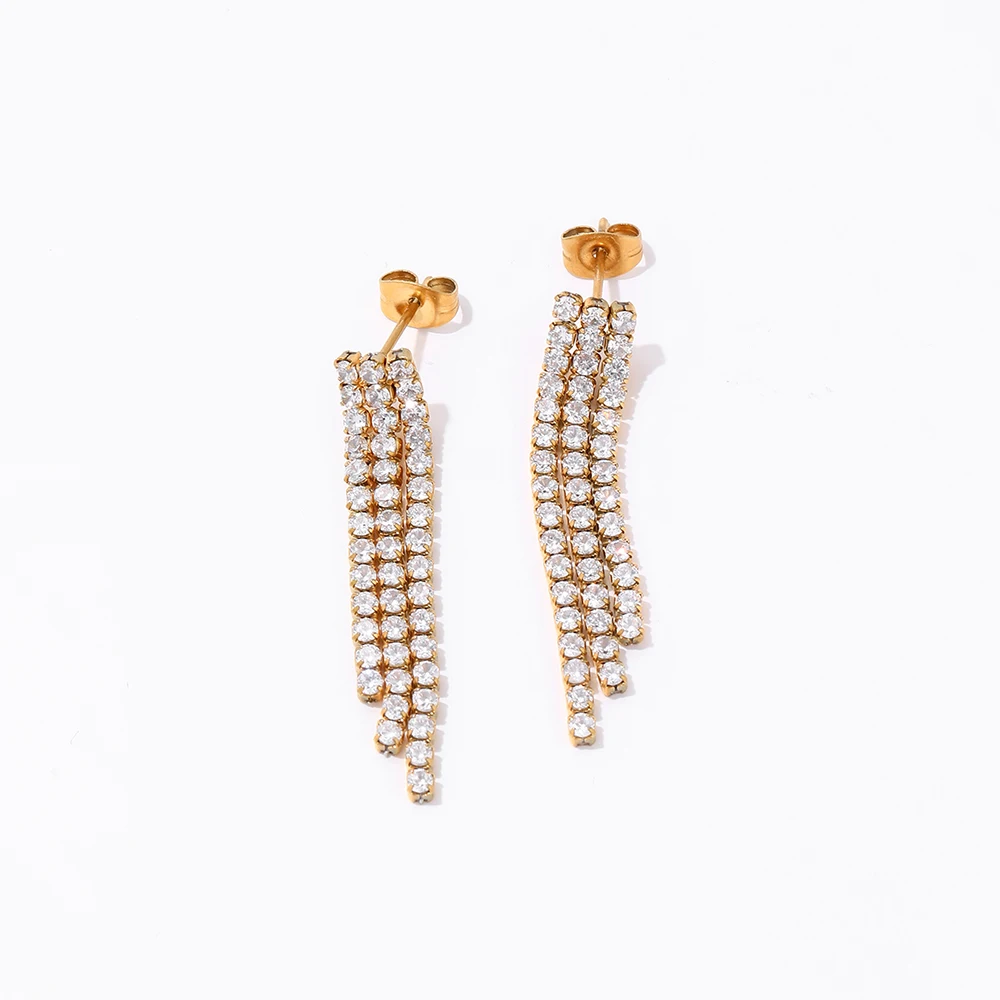 Trendy Earring 18K Gold Plated Design Jewelry Luxury Tennis Cubic Zirconia Stainless Steel Tassel Earrings for Women
Trendy Earring 18K Gold Plated Design Jewelry Luxury Tennis Cubic Zirconia Stainless Steel Tassel Earrings for Women