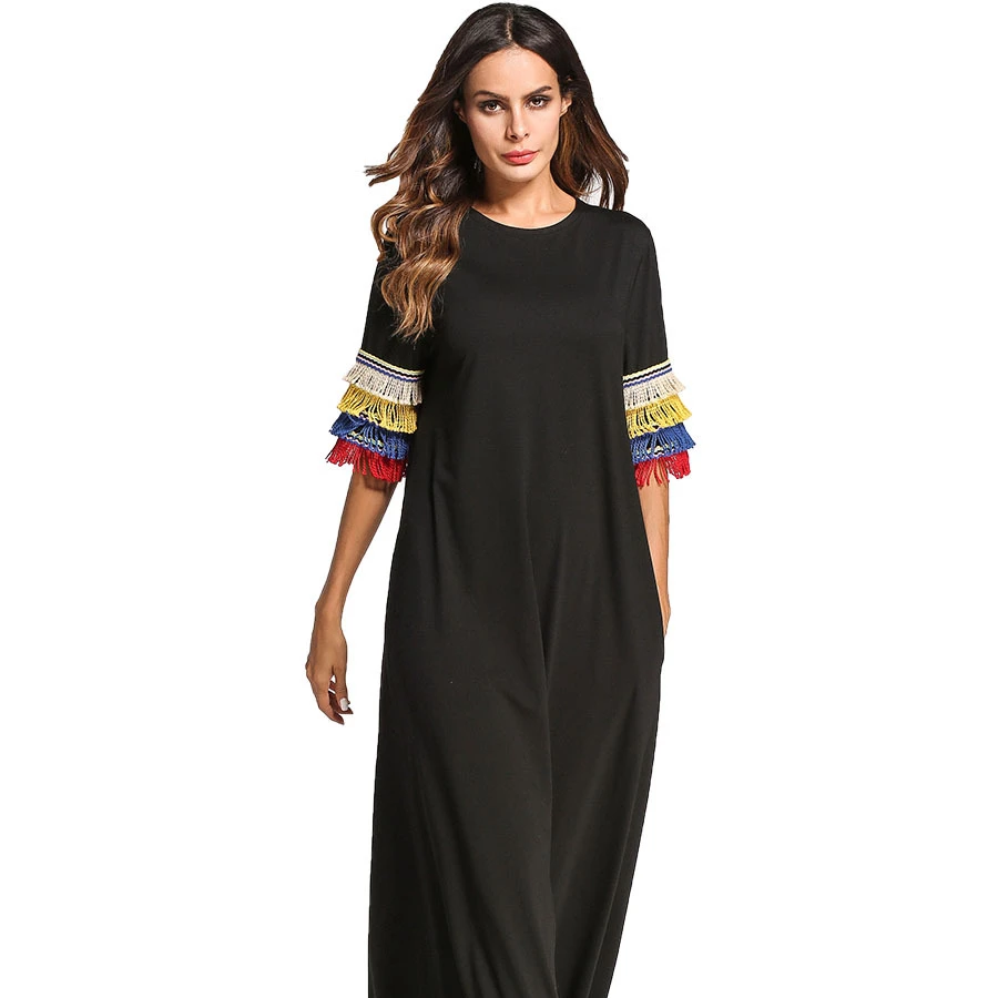 Foreign trade Amazon casual summer round neck short-sleeved color row fringe stitching solid color cotton Arabian robe, Picture
Foreign trade Amazon casual summer round neck short-sleeved color row fringe stitching solid color cotton Arabian robe, Picture