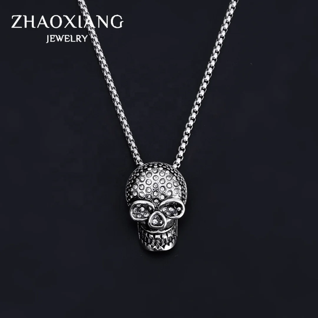 Hiphop Vintage Titanium Steel Skull Head Pendant Necklace CZ Paved Charms Jewellery Made In China