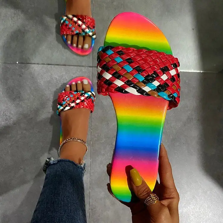 Rainbow color woven slippers 2021 summer hot sale square toe flat bottom plus size sandals new, White,black,red,blue or customized
Rainbow color woven slippers 2021 summer hot sale square toe flat bottom plus size sandals new, White,black,red,blue or customized