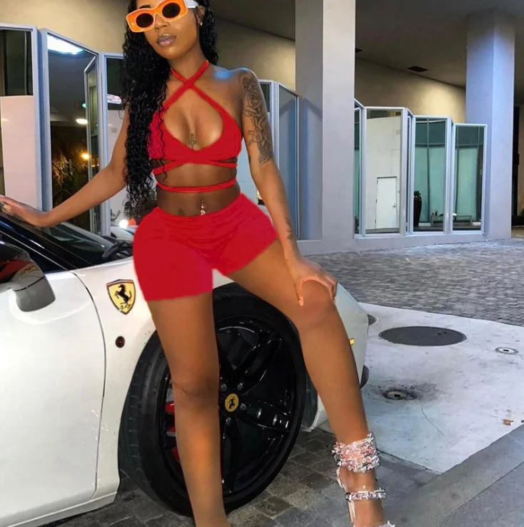 

Two Piece Short Sets Women 2021 Criss Cross Bandage Deep V Halter Top 2 Piece Sets Hollow Out Backless Rave Outfit, As show