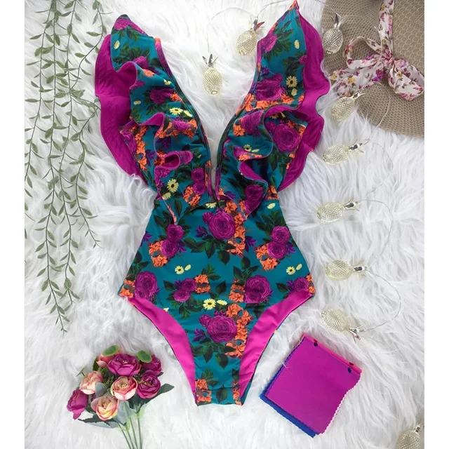2021 New Flower Print Girl Swimwear Deep V-neck Ruffle Swimsuit Push Up One Piece Swimsuit Beach Wear Backless Monokini
2021 New Flower Print Girl Swimwear Deep V-neck Ruffle Swimsuit Push Up One Piece Swimsuit Beach Wear Backless Monokini