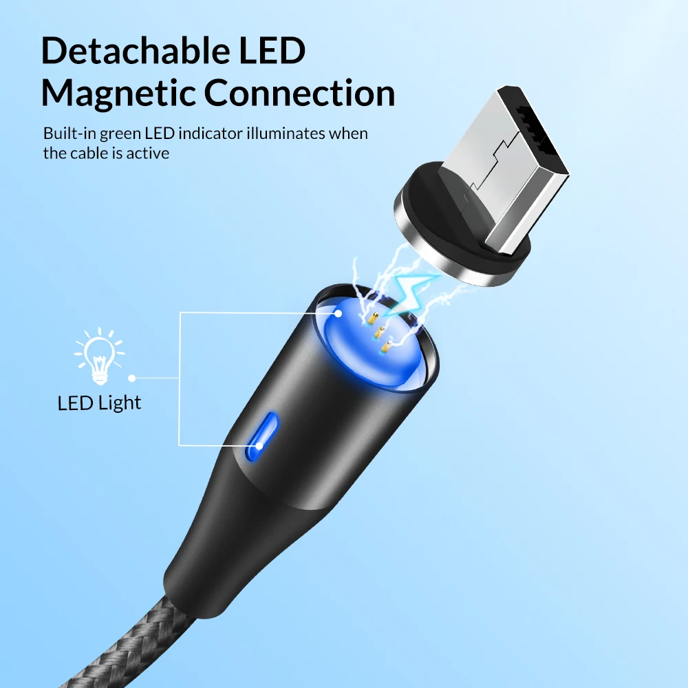 QC3.0 LED Magnetic Fast Charging Cable Data Sync 3A Magnet USB Charger for iPhone Micro USB Type C - ANKUX.COM