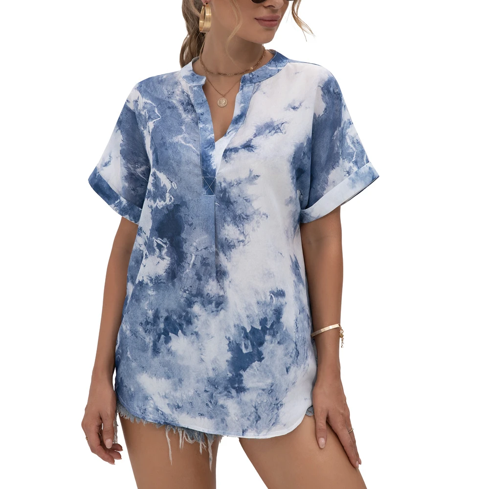 2021 Summer v neck tie dye short sleeve chiffon printed loose pocket shirt women, Customized color
2021 Summer v neck tie dye short sleeve chiffon printed loose pocket shirt women, Customized color
