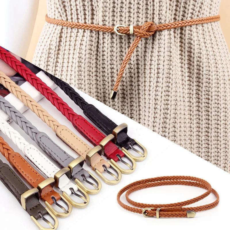 

REWIN Multi Color Women Braided Woven PU Faux Leather Narrow Belt for Dress