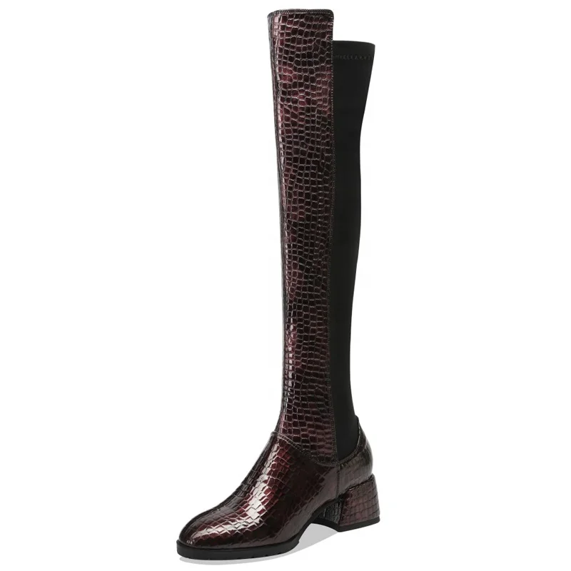 Women Low Square Heel Thigh High Boots Stretch Fabric Patchwork Over the Knee High Booties Lady Pull on Dress Long Boots, Winered black
Women Low Square Heel Thigh High Boots Stretch Fabric Patchwork Over the Knee High Booties Lady Pull on Dress Long Boots, Winered black