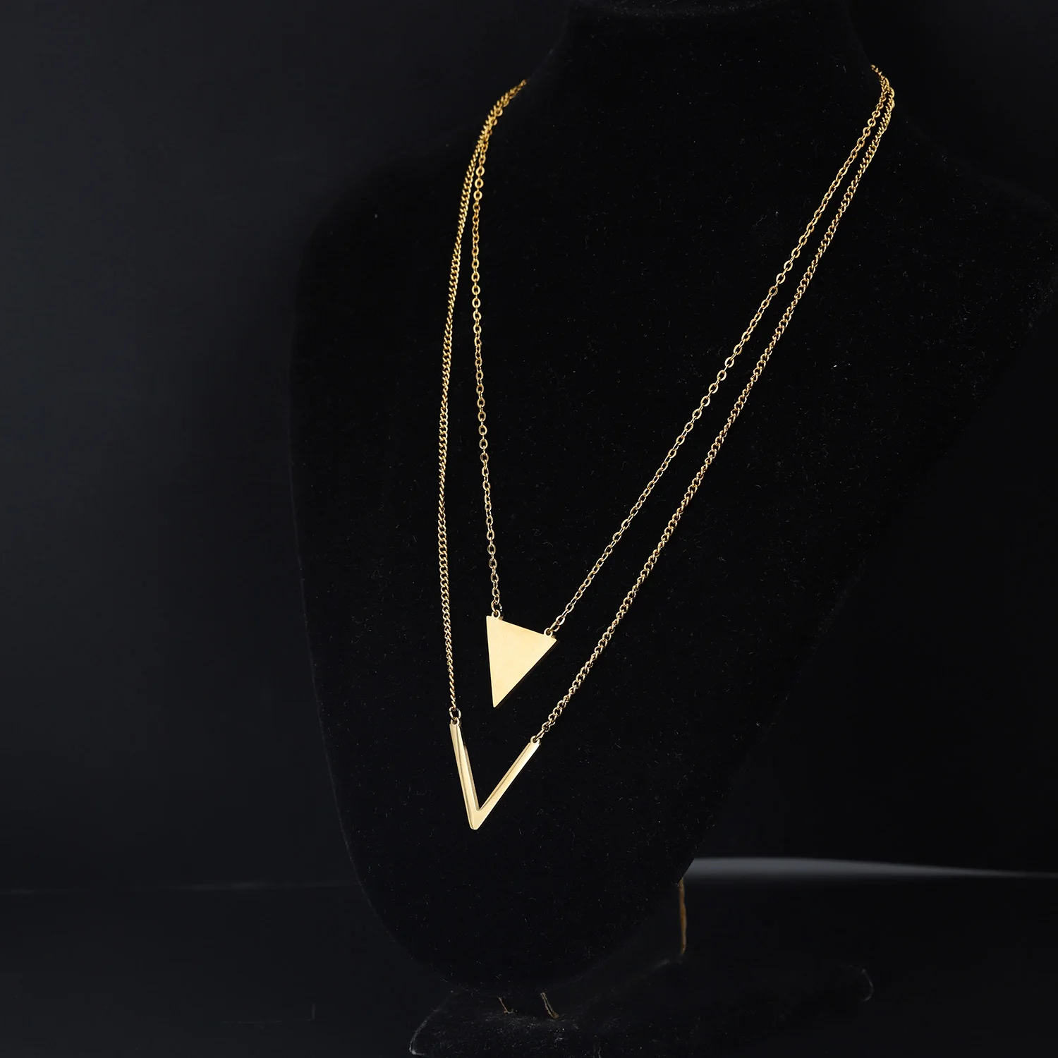fashion statement layered chain jewelry gold plated stainless steel triangle pendant necklace, Silver/gold/rose gold/custom
fashion statement layered chain jewelry gold plated stainless steel triangle pendant necklace, Silver/gold/rose gold/custom
