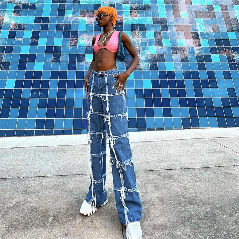 Unique Style Fashion High Waist Denim Patchwork Women Straight Leg Jeans With Tassel
Unique Style Fashion High Waist Denim Patchwork Women Straight Leg Jeans With Tassel