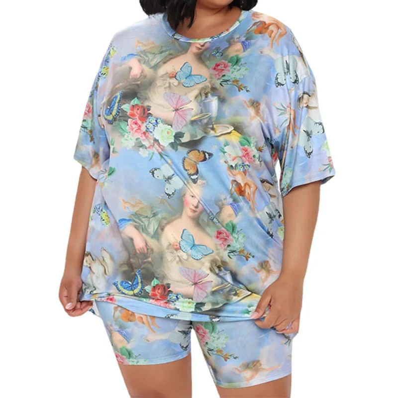 summer trendy plus size clothes fashionable butterfly-printing T-shirt joggers suit sets track sport suits for ladies, Blue
summer trendy plus size clothes fashionable butterfly-printing T-shirt joggers suit sets track sport suits for ladies, Blue