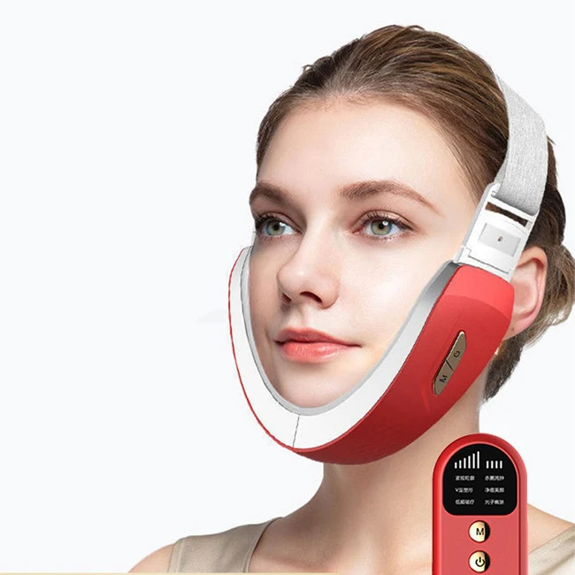 

EMS Microcurrent LED Light V Line Face Slimming Double Chin V-Face Shaping Massager, White, red
