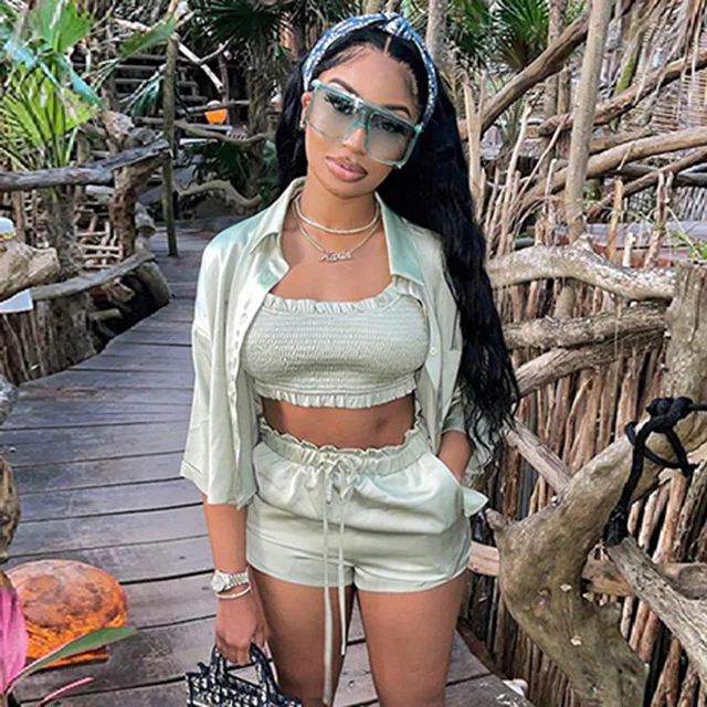 Casual Solid Women Summer Three Pieces Outfits Lounge Sets Lace Pleated Copped Top Drawstring Shorts With Cover Up Set, 5 colors
Casual Solid Women Summer Three Pieces Outfits Lounge Sets Lace Pleated Copped Top Drawstring Shorts With Cover Up Set, 5 colors
