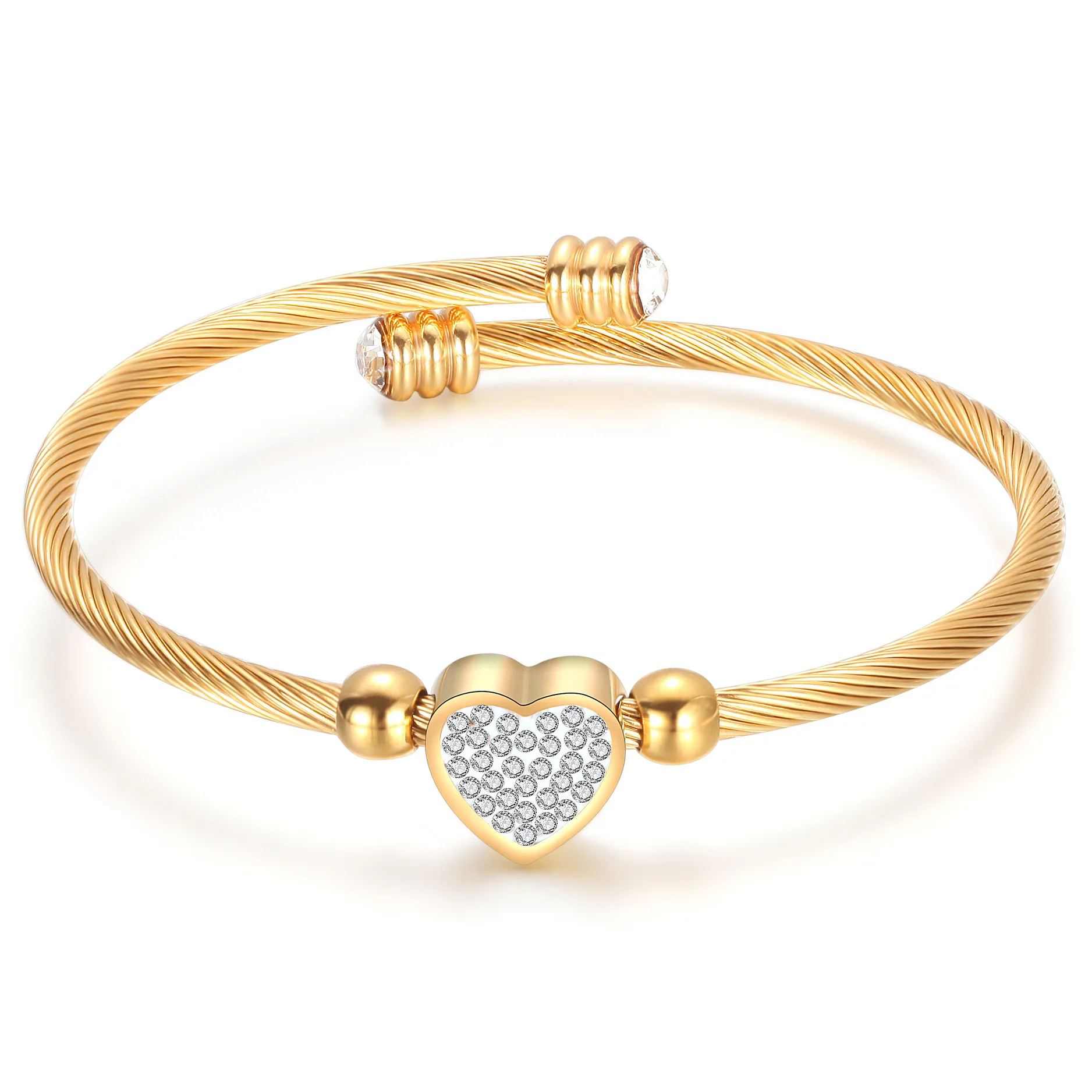Hot Sale 24K Gold Plated Crystal Heart Rope Bracelet Shiny Cubic Zirconia Heart Stainless Steel Open Bangle
Hot Sale 24K Gold Plated Crystal Heart Rope Bracelet Shiny Cubic Zirconia Heart Stainless Steel Open Bangle