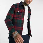 Custom logo mem fashion press-stud fastening borg collar plaid overshirt sherpa fleece check jacket