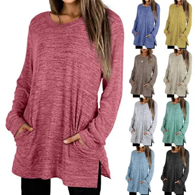 Explosive style 2021 European and American sweater women's round neck long sleeve pocket loose mid-length T-shirt, Picture color
Explosive style 2021 European and American sweater women's round neck long sleeve pocket loose mid-length T-shirt, Picture color
