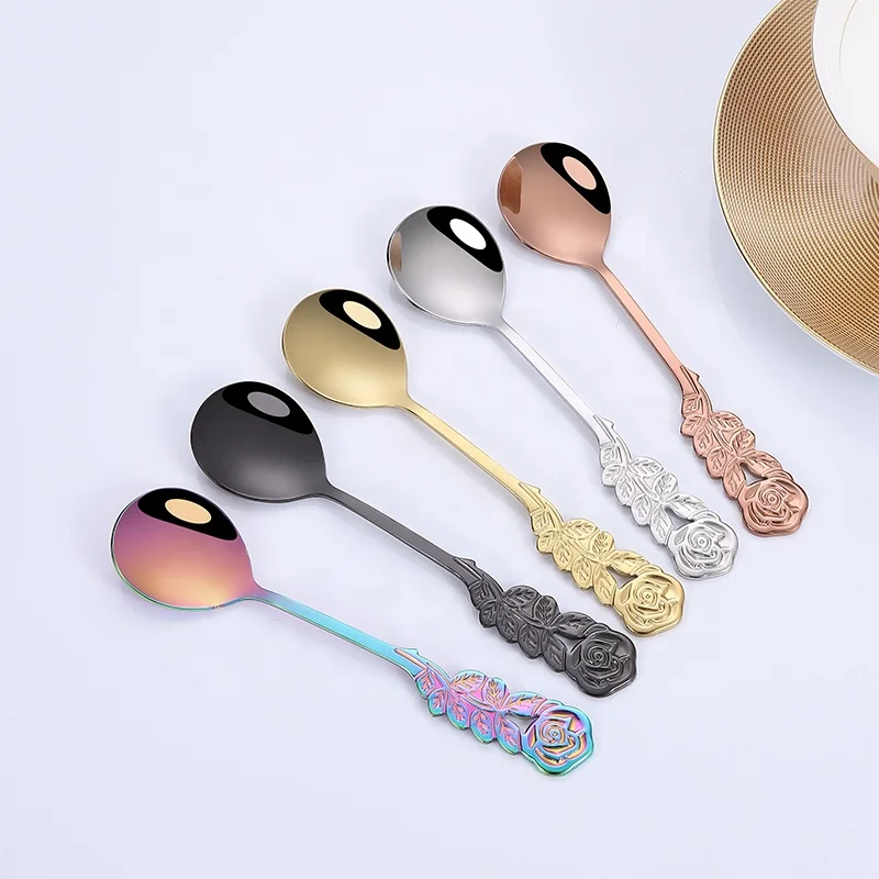 high quality stainless steel 18/10 colorful spoons coffee tea spoons with rose flower handle for home restaurant wedding party
high quality stainless steel 18/10 colorful spoons coffee tea spoons with rose flower handle for home restaurant wedding party