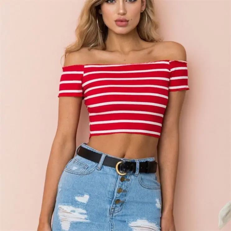 PEARL Slsh Neck Navel Short Sleeve Ladies' Blouses & Tops Striped Knitting Woman Tops Fashionable
PEARL Slsh Neck Navel Short Sleeve Ladies' Blouses & Tops Striped Knitting Woman Tops Fashionable