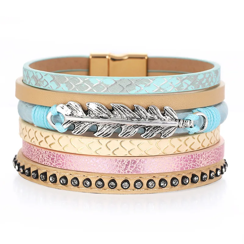 CLARMER Fashion Leather Bracelet Creative Geometric Tree Leaf Jewelry Scale Pattern Multi-layer Magnetic Clasp Bracelet, Pink , blue , white, black , rainbow
CLARMER Fashion Leather Bracelet Creative Geometric Tree Leaf Jewelry Scale Pattern Multi-layer Magnetic Clasp Bracelet, Pink , blue , white, black , rainbow