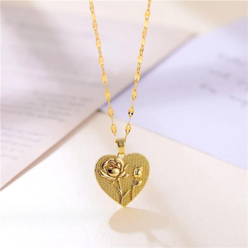 European Style Stainless Steel Chain Heart Shape Pendant Necklaces 18K Real Gold Plated Embossed Rose Flower Necklaces For Women
European Style Stainless Steel Chain Heart Shape Pendant Necklaces 18K Real Gold Plated Embossed Rose Flower Necklaces For Women