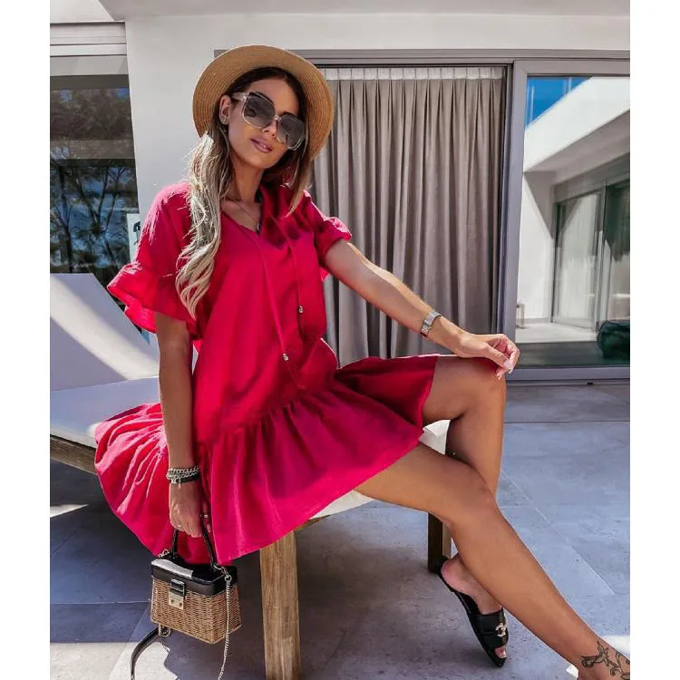 Korean modest elegant casual one piece summer short v neck dress for women beautiful, Customized color
Korean modest elegant casual one piece summer short v neck dress for women beautiful, Customized color