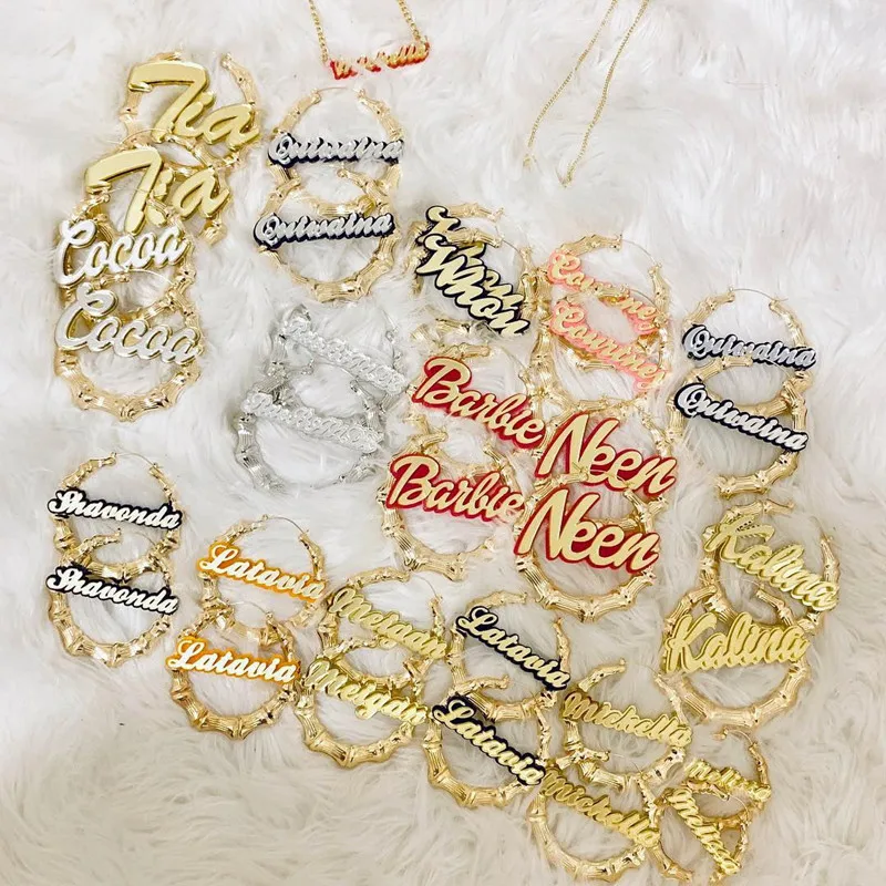 Unique design distinctive Big gold plated bamboo name custom earrings women hip hop jewelry name plate alphabet earring
Unique design distinctive Big gold plated bamboo name custom earrings women hip hop jewelry name plate alphabet earring