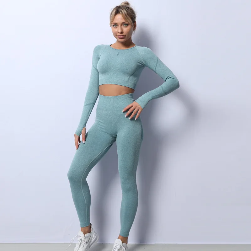 

High Quality Seamless Knit Crop Top Yoga Leggings 2 Piece Set Breathable Sports Fitness Scrunch Butt Yoga Suit, Customized colors