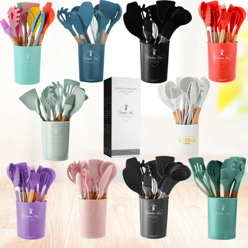 Colored barreled household wooden handle silicone kitchen utensils 11 piece set, Black,pink,cyan,red,blue,purple,green,colorful
Colored barreled household wooden handle silicone kitchen utensils 11 piece set, Black,pink,cyan,red,blue,purple,green,colorful