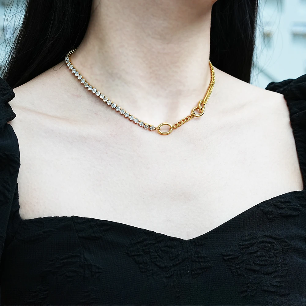 Trendy Women Fashion Jewelry Hip Hop Stainless Steel 18K Gold Plated Stitching Choker Zircon Necklace Chain
Trendy Women Fashion Jewelry Hip Hop Stainless Steel 18K Gold Plated Stitching Choker Zircon Necklace Chain