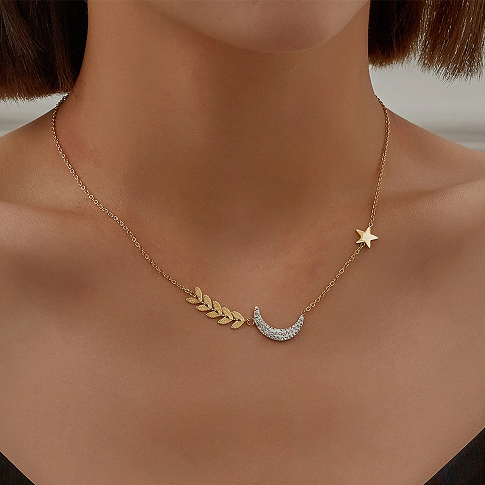 Jewelry Gold Color Stainless Steel Leaved Moon Necklace Crystal Crescent Moon Star Necklace
Jewelry Gold Color Stainless Steel Leaved Moon Necklace Crystal Crescent Moon Star Necklace