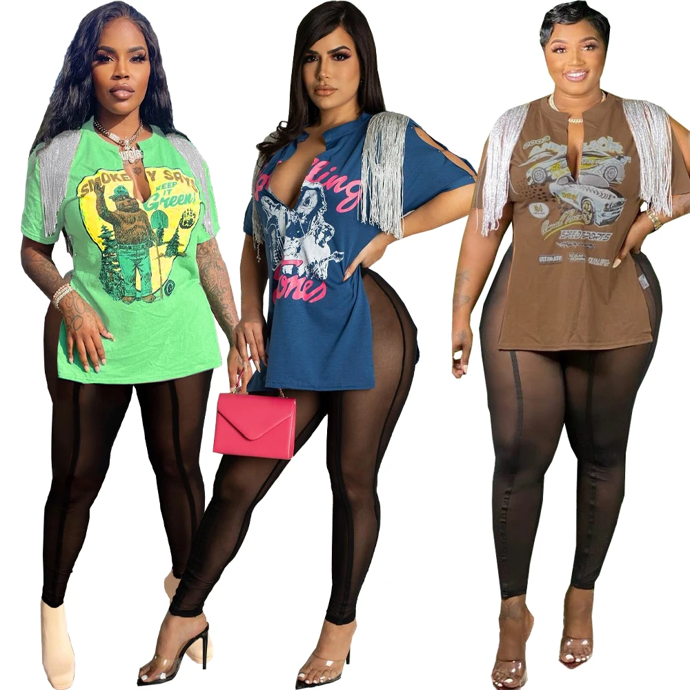Women Summer Clothing Plus Size Two Piece Sets Casual Fashion Short Sleeve Graphic Print Top T Shirt and Mesh Pants 2 Piece Set
Women Summer Clothing Plus Size Two Piece Sets Casual Fashion Short Sleeve Graphic Print Top T Shirt and Mesh Pants 2 Piece Set
