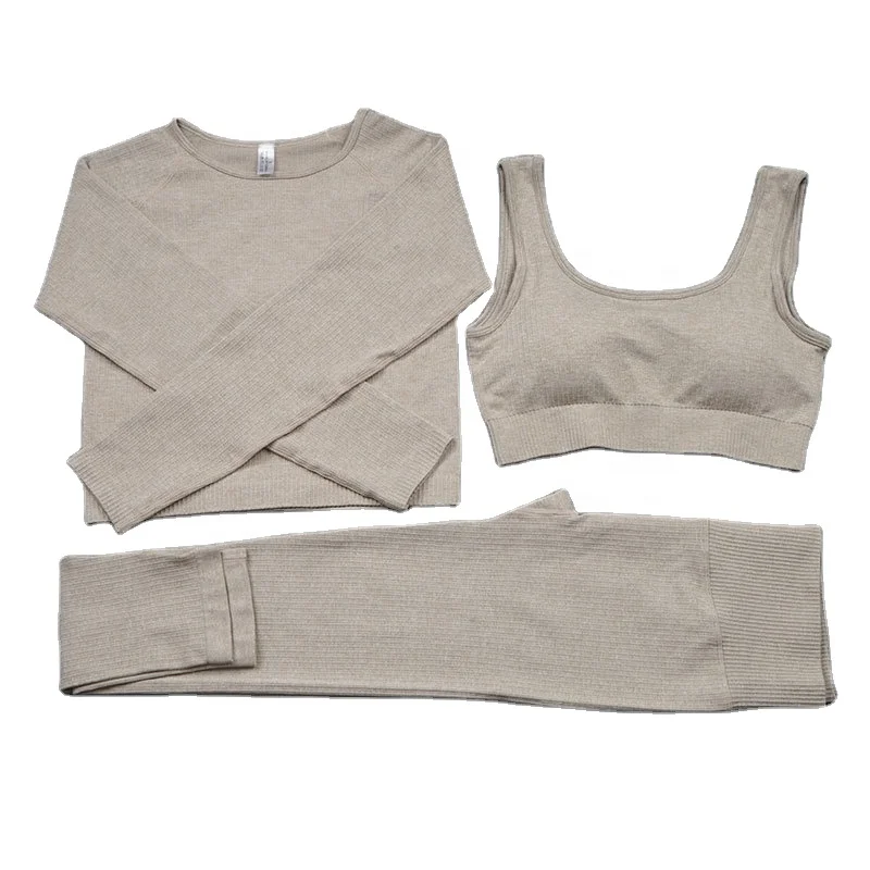 wholesale high waist luxury knitting ribbed cheap workout 3 pc women's seamless yoga set