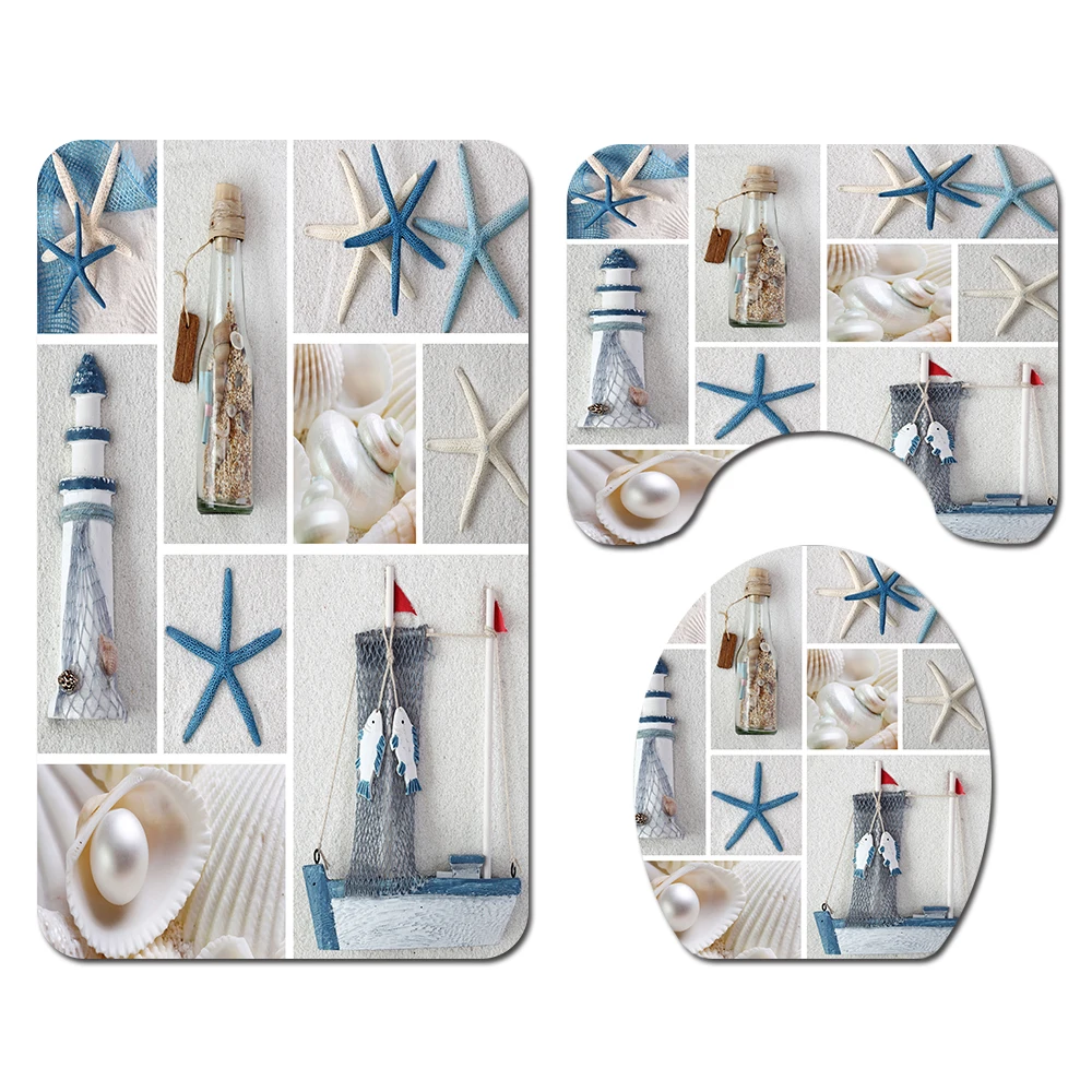 Starfish printed Toilet Pad Cover Bath Mat Shower Curtain Set for Bathroom Decoration Home Textile