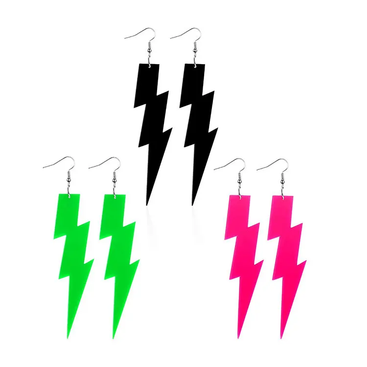 

SC Europe Exaggerated Long Acrylic Lightning Drop Earrings 2022 Night Club Punk Fluorescent Lightning Earrings for Women, Black, rose red, green, yellow