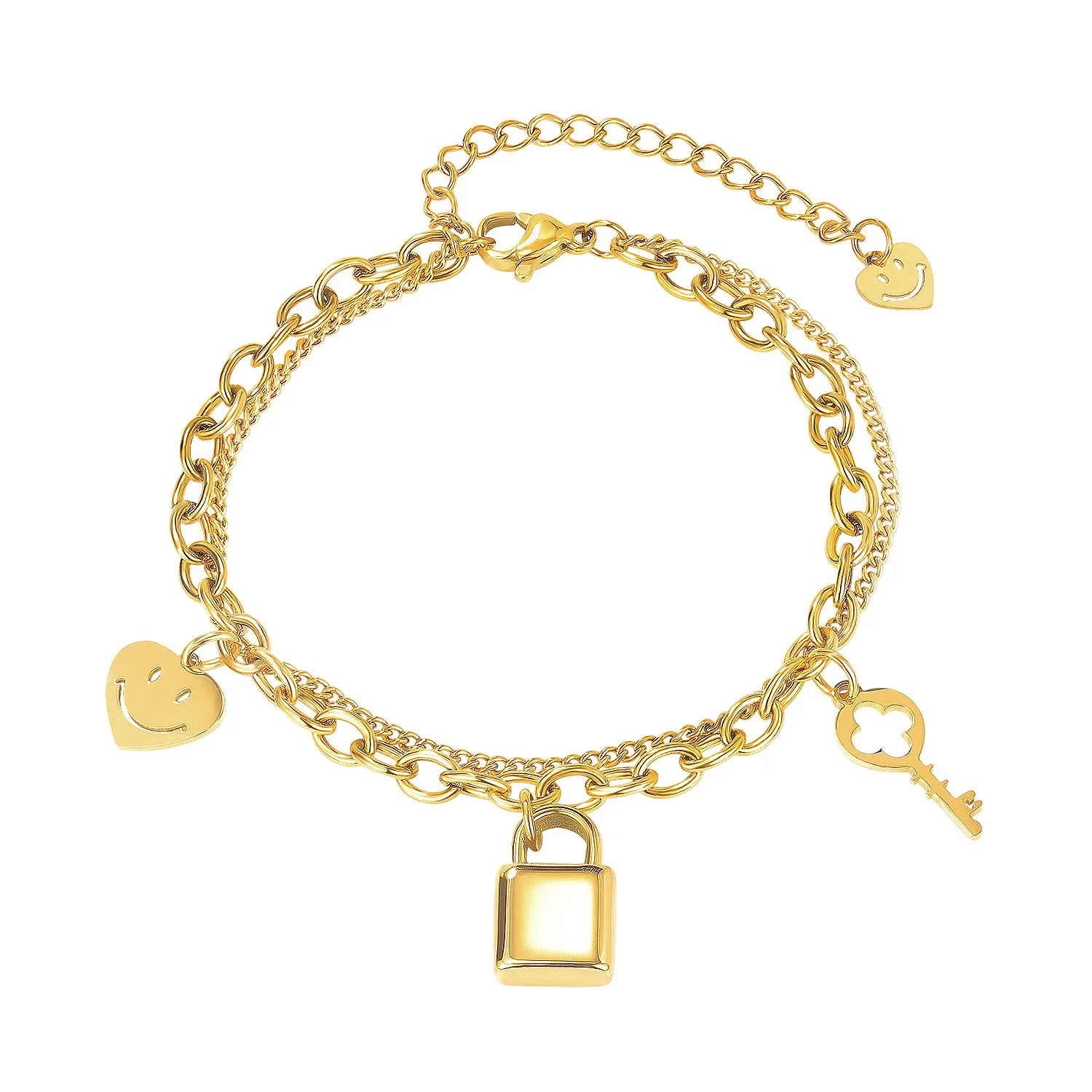 Multilayer Chain Bracelet Heart Smail Pendant 316L Stainless Steel Plated 18K Gold Key Lock Bracelet, White, gold , rose gold
Multilayer Chain Bracelet Heart Smail Pendant 316L Stainless Steel Plated 18K Gold Key Lock Bracelet, White, gold , rose gold