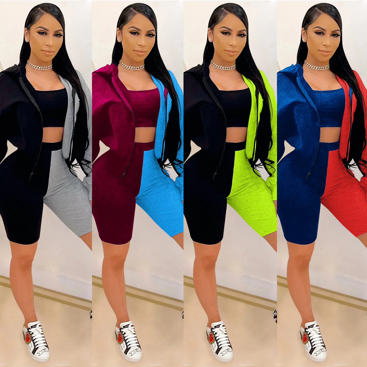 2021 New Arrivals fashion color block shorts set 3 piece women zipper hoodies and tank top active wear, As picture
2021 New Arrivals fashion color block shorts set 3 piece women zipper hoodies and tank top active wear, As picture